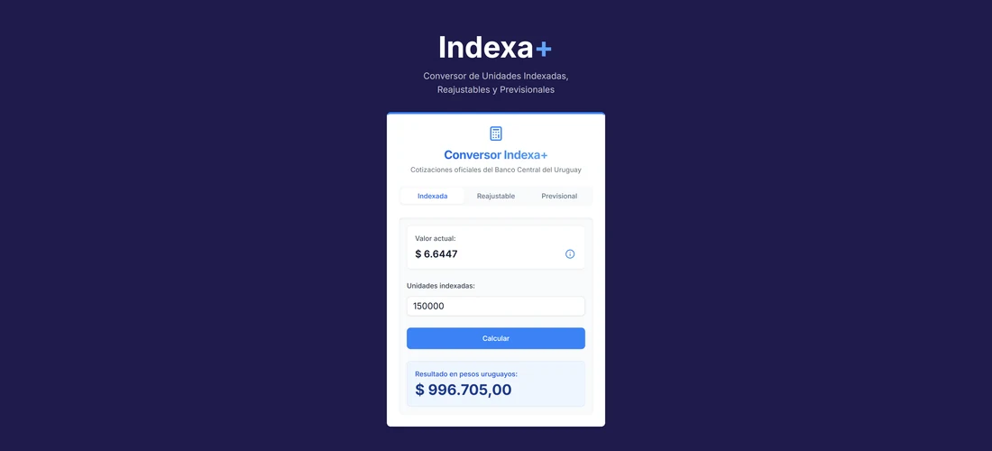 Captura de Indexa+ convirtiendo 150.000 UI a pesos uruguayos